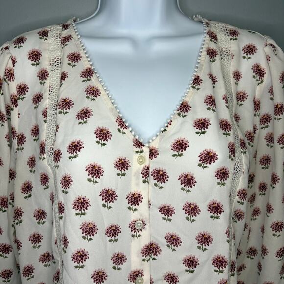 Loft Peasant Ivory Cowgirl Romantic Floral Lace Eyelet Button Up Blouse Sz L - Picture 3 of 7